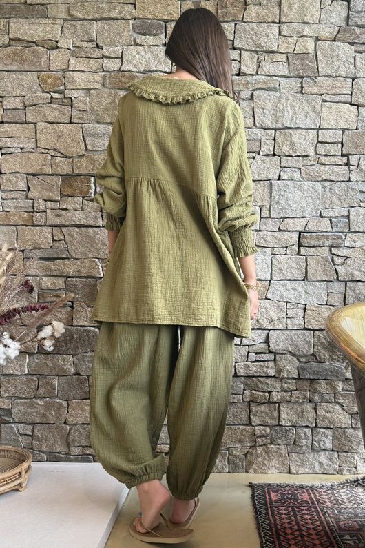 Annie Cushion Cotton Peter Pan Smock Blouse Deep Olive